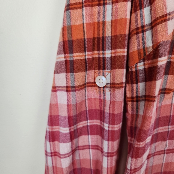 Prana Pink Orange Plaid Roll Tab Sleeve Button Down Shirt Top Sz L - Picture 3 of 7